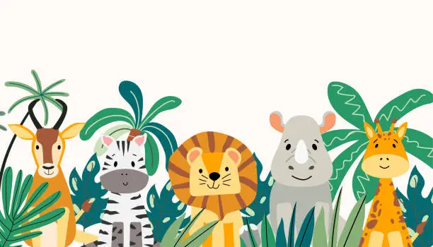 Vector illustration of Cute wild animals in tropical leaves. African animals in the jungle. Zebra, lion, giraffe, antelope and rhinoceros in a flat cartoon style. Vector horizontal banner.
