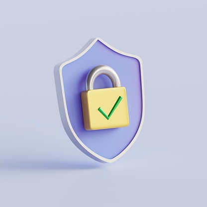 Digital privacy protection.Shield with padlock and check mark. 3d render illustration