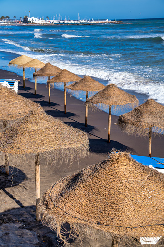 Straw beach umbrellas along a beautiful shoreline at dusk.