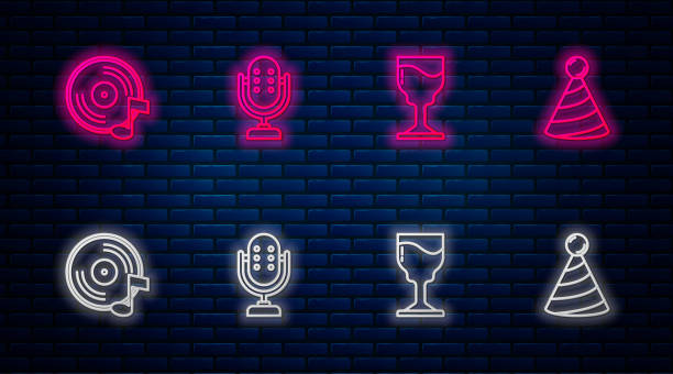 istock Set line Microphone, Wine glass, Vinyl disk and Party hat. Glowing neon icon on brick wall. Vector 1484206656
