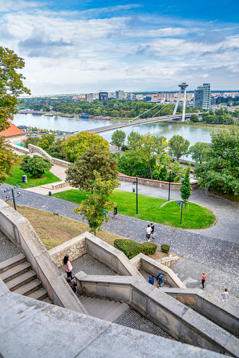 Bridge SNP and UFO tower view point over Danube river in Bratislava city, Slovakia.