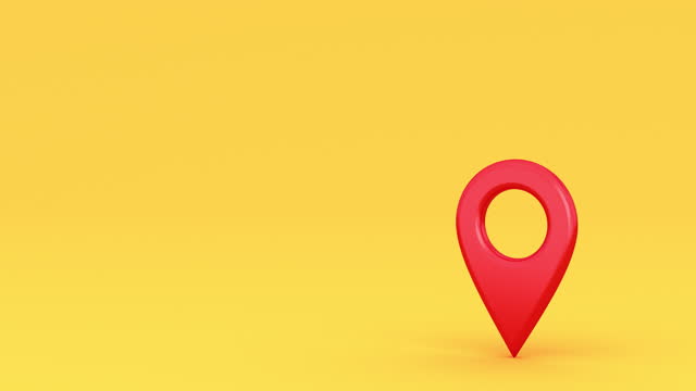 Red map pointer spinning. Full seamless loop rotation isolated on the yellow background. Map pin icon. GPS place marker. Location symbol.