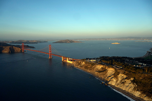 Golden Gate Bridge.  Aerial views of San Francisco. National landmarks of the USA.