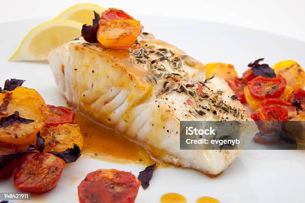 Pan Fried Halibut Stock Photo - Download Image Now - Halibut, Fried, Cherry Tomato