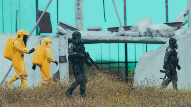 istock Soldiers Escort Workers in Radiation Suits Through Dangerous Zone 1484222116
