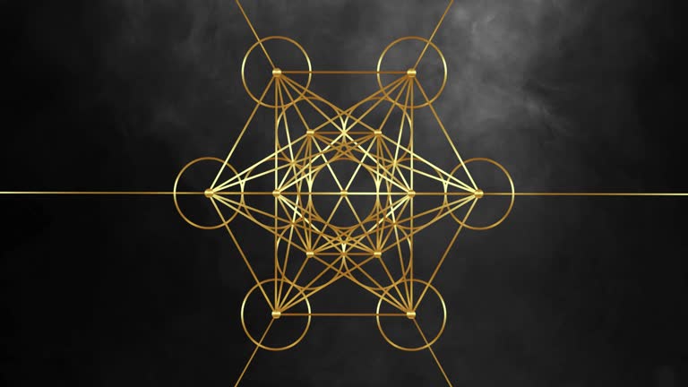 Video animation Metatron's Cube, Flower of Life. Golden Sacred geometry, graphic fog smoke black background. Mystic gold icon platonic solids, abstract geometric drawing, crop circles