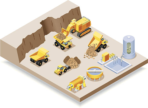 isometric, bergbau-set - earth mover bulldozer construction scoop stock-grafiken, -clipart, -cartoons und -symbole