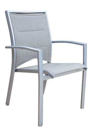 Modern aluminium grey outdoor chair isolated on white background with clipping path vertical composition