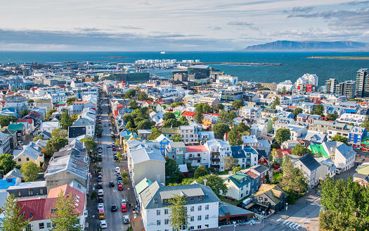Aerial view of Reykjavik at sunset, Iceland.