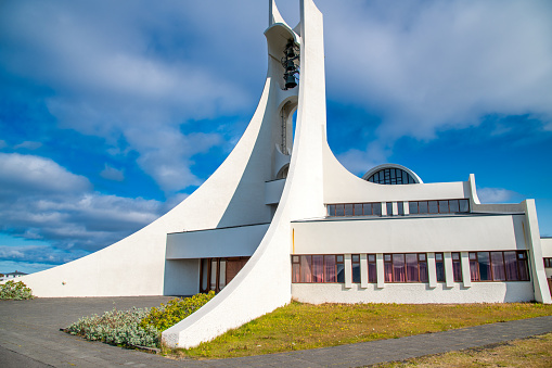 Beautiful modern church of Stykkisholmur on a sunny day, Iceland.