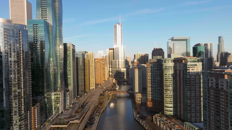 Aerial view of the drone in Chicago shows the skyscrapers, streets ,rivers and park in the center of the city near the beautiful Lake Michigan in Illinois, USA.