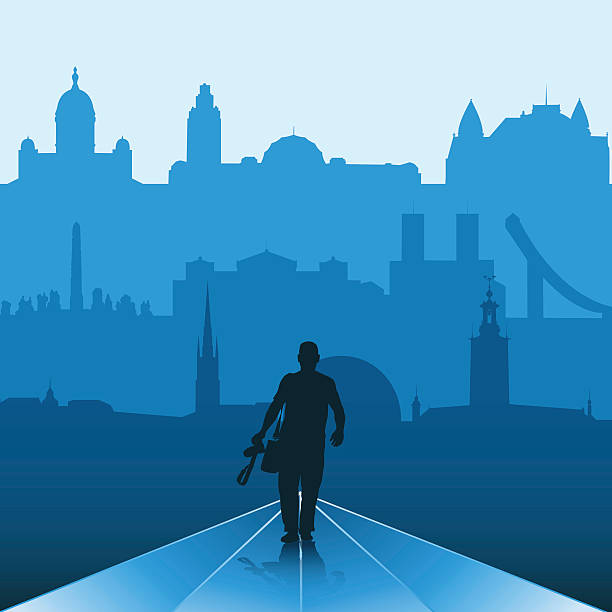 człowiek na drodze do miasta - stockholm silhouette sweden city stock illustrations