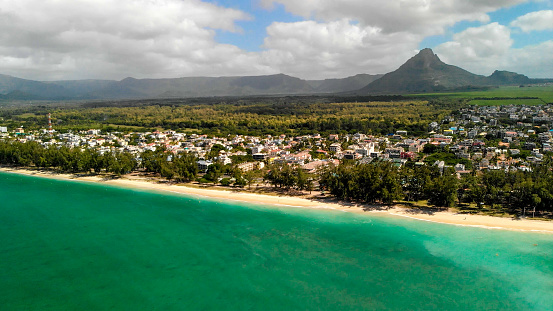 Aerial view of Flic en Flac Beach, Mauritius Island.