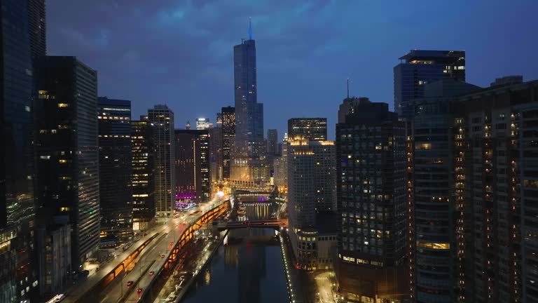 Aerial view of the drone in Chicago shows the skyscrapers, streets ,rivers and park in the center of the city near the beautiful Lake Michigan in Illinois, USA.