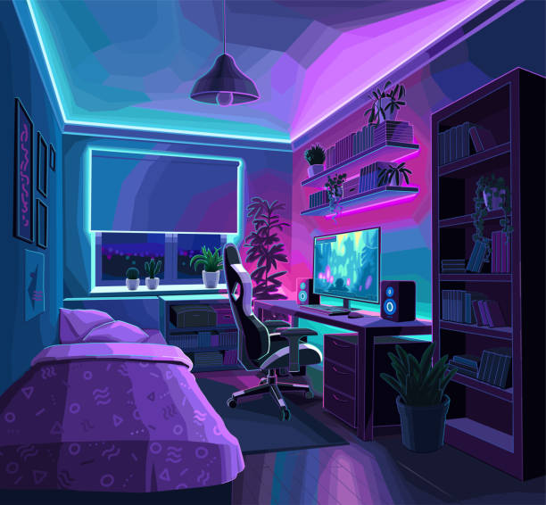 Typical interior design of a very cozy bedroom of a teenage game Typical interior design of a very cozy bedroom of a teenage gamer with a computer and night neon lighting. Vector illustration neon bedroom stock illustrations