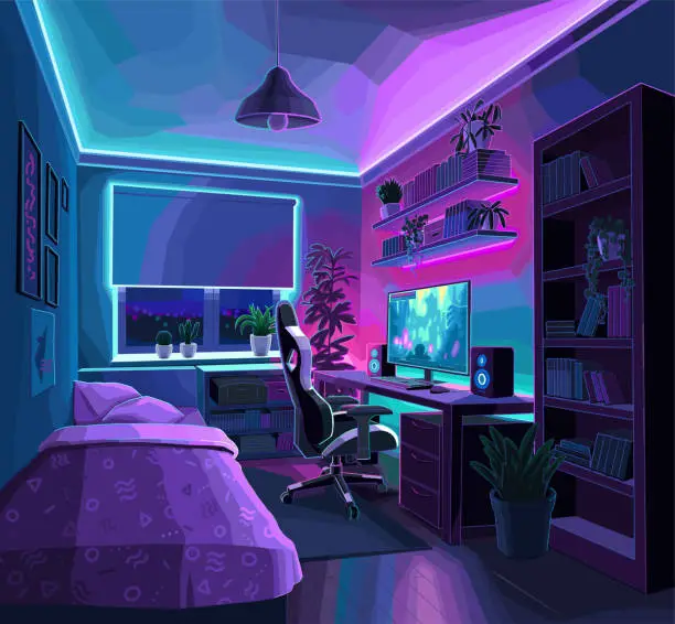 Vector illustration of Typical interior design of a very cozy bedroom of a teenage game