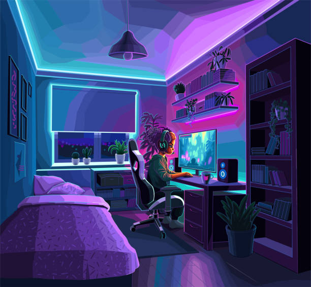 Girl gamer or streamer with a headset sits in front of a computer in a cozy room Cute african girl gamer or streamer with a headset sits in front of a computer in her cozy teenage neon lit room. Side view, cartoon anime style. Vector character in anime style neon bedroom stock illustrations