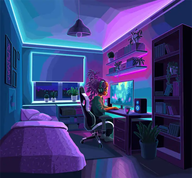 Vector illustration of Girl gamer or streamer with a headset sits in front of a computer in a cozy room