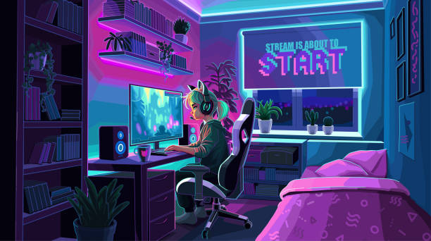 Girl asian girl gamer or streamer with a headset sits in front of a computer in a cozy room Cute asian girl gamer or streamer with a headset sits in front of a computer in her cozy teenage neon lit room. Side view, cartoon anime style. Vector character in anime style neon bedroom stock illustrations
