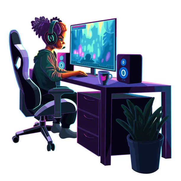 Vector illustration of African gil gamer or streamer with a headset sits in front of a computer