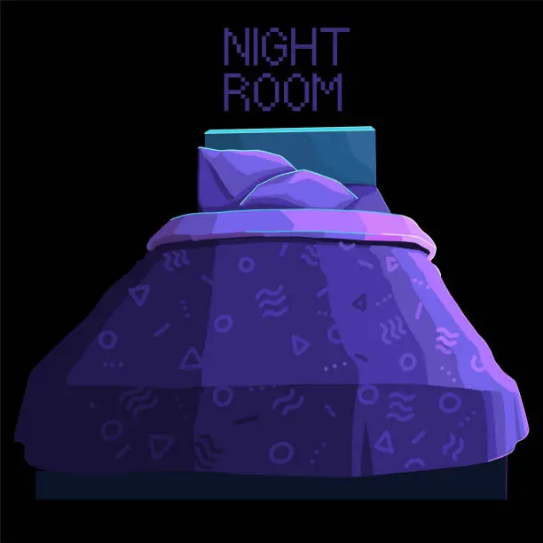 Vector illustration of Single person bed with tenage styled linens in a color scheme of a dark night room.