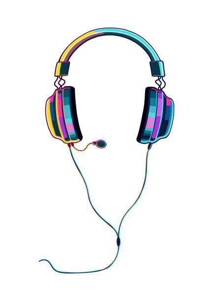 ilustraciones, imágenes clip art, dibujos animados e iconos de stock de auriculares para juegos de color neón brillante aislados sobre fondo blanco - auriculares equipo de música