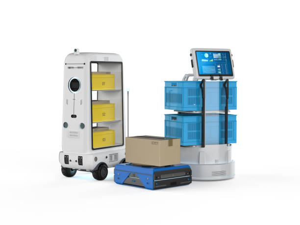 istock Warehouse robots or robotic assistants deliver boxes 1484245073