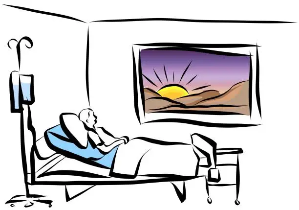 Vector illustration of Serene Patients Hospital Room With View Sunset