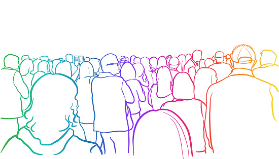 Rear view of a large concert crowd standing.  Sketch illustration in vector format