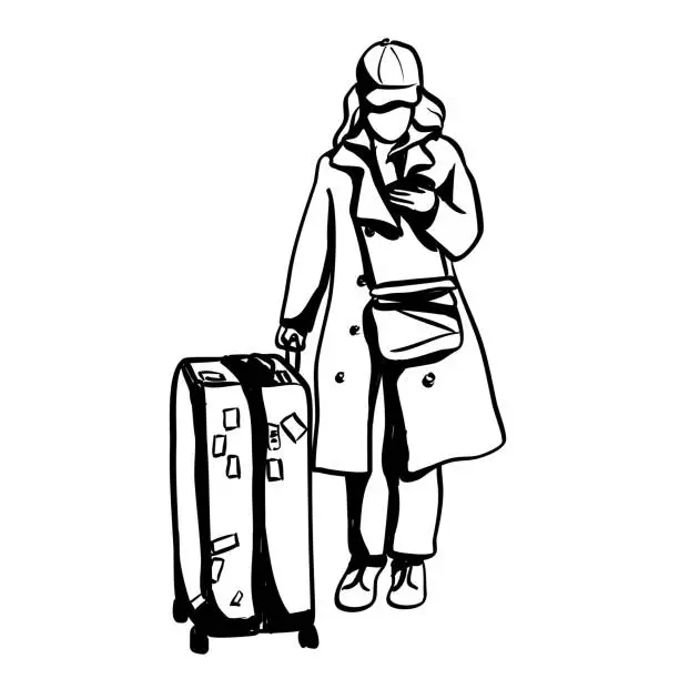 Vector illustration of Woman Traveling With Luggage On Her Phone Ink