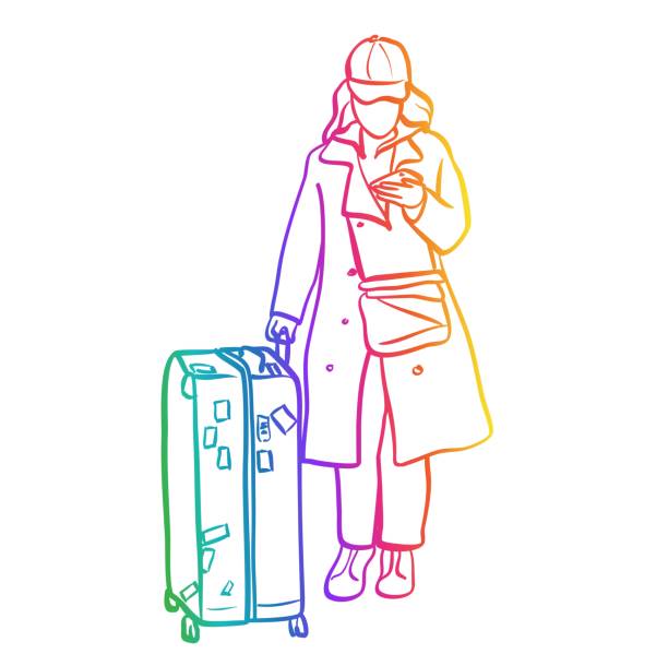 ilustrações, clipart, desenhos animados e ícones de mulher que viaja com bagagem em seu telefone arco-íris - baseball cap cap personal accessory vibrant color