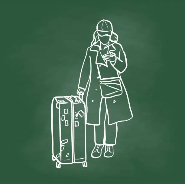 Vector illustration of Woman Traveling With Luggage On Her Phone Chalkboard