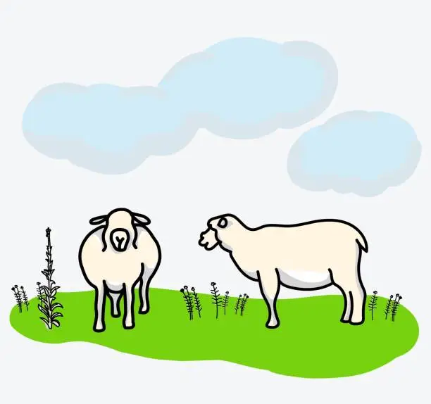 Vector illustration of Wooly Sheep In The English Countryside Clouds