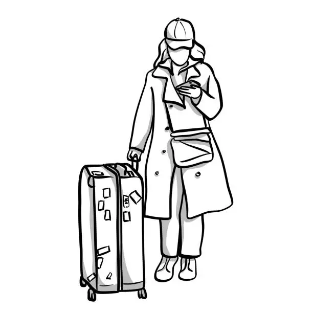 Vector illustration of Woman Traveling With Luggage On Her Phone Sketch