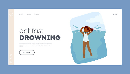 Little Girl Drowning Page Template. Struggling Child Submerged In Water Thrashing Arms And Legs In Distress. Critical Situation Requiring Immediate Action. Cartoon People Vector Illustration