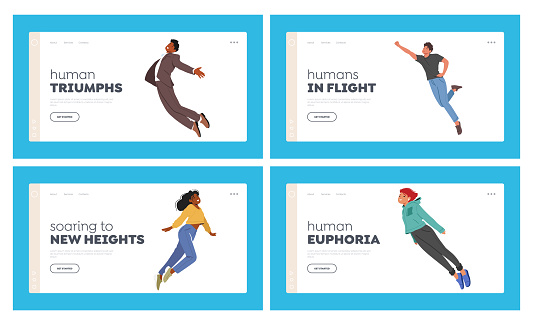 People Flying Landing Page Template Set. Characters Soar Through The Sky In Exhilarating Freedom, And Feeling Of Flight. Concept For Adventure, Travel Or Sports Theme. Cartoon Vector Illustration
