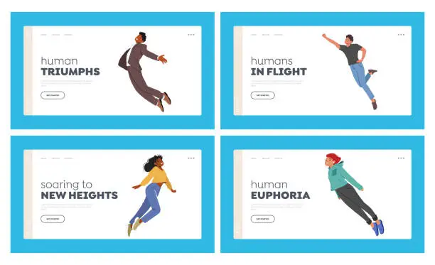 Vector illustration of People Flying Landing Page Template Set. Characters Soar Through The Sky In Exhilarating Freedom, And Feeling Of Flight