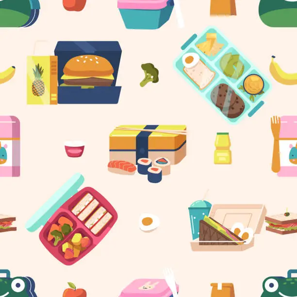 Vector illustration of Lunchbox Seamless Pattern Featuring Colorful Assortment Of Lunchboxes In Various Sizes And Styles, Repeating Ornament