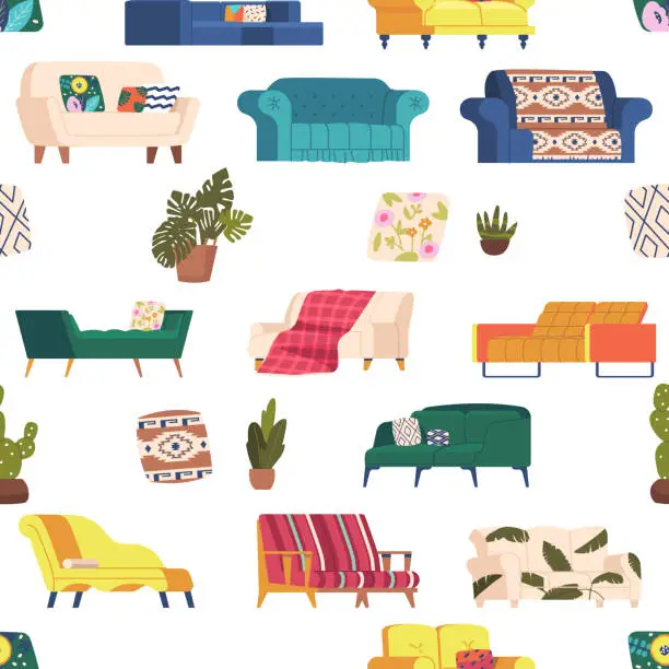 Vector illustration of Seamless Pattern with Sofas. Tiled Background Design Features An Array Of Colorful Couches Arranged In Repeating Pattern