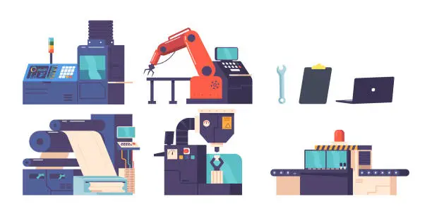 Vector illustration of Robotic Assembly Line With Conveyor Belts, Hydraulic Presses, Stamping Machines, Welding Robots, And Quality Control