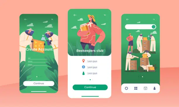 Vector illustration of Beekeepers Club Mobile App Page Onboard Screen Template. Apiarist Characters Work With Hives And Honey Bees