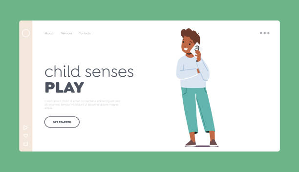 шаблон целевой страницы child senses play. персонаж маленького мальчика стоит с картой с рисунком уха - sensory perception flash stock illustrations