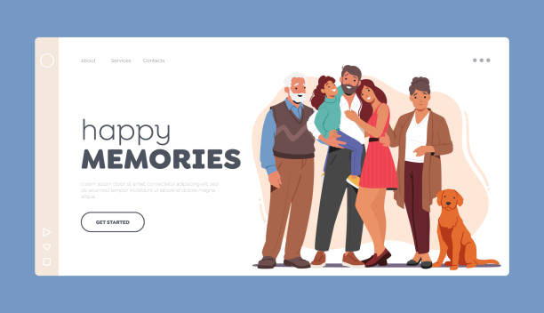 Happy Memories Landing Page Template. Big Family Characters Stand Together, Smiling And Laughing, Radiating Love Happy Memories Landing Page Template. Big Family Characters Stand Together, Smiling And Laughing, Radiating Love And Togetherness With A Sense Of Belonging And Love. Cartoon People Vector Illustration teenage girl with grandmother stock illustrations