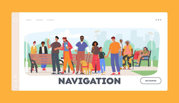 Navigation Landing Page Template. Blind Man Navigates The Park With His Guide Dog, Moving Through The Pathways Navigation Landing Page Template. Blind Man Navigates The Park With His Guide Dog, Moving Through The Pathways And Enjoying Walk With Confidence And Independence. Cartoon People Vector Illustration help blind people stock illustrations