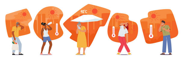 Young and Senior Characters Experience Discomfort Due To Heat, Sweating, Dehydration, Fatigue, Sunburn, Heat Exhaustion Young and Senior Characters Experience Discomfort Due To Heat, Sweating, Dehydration, Fatigue, Sunburn, Heat Exhaustion And Heatstroke During Hot Weather Conditions. Cartoon People Vector Illustration young hot stock illustrations