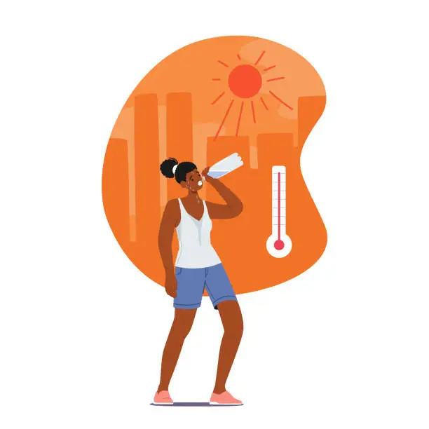 Vector illustration of Woman Sweating And Flushed, Drinking Water, Seeking Relief From Heat Exhaustion. Female Character Suffer Heatstroke