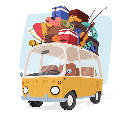 Retro Car With Luggage Atop, Ready For Adventure. Packed For Travel, Roof Loaded With Bags, Gear, Concept of Summer Travel, Excitement For The Open Road Ahead. Cartoon Vector Illustration