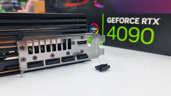 Ports view showing HDMI and Display Ports of ASUS ROG STRIX Nvidia GeForce RTX 4090 GPU 24GB Tweak III, High End Graphics Card with box, in Dubai, United Arab Emirates- March 16, 2023