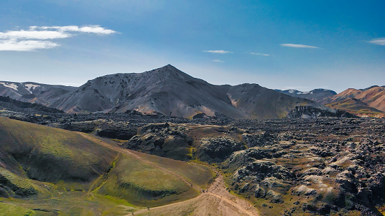 Famous Icelandic landscape in highlands, Landmannalaugar area - Iceland. Green lava fields and mountains on the background, aerial view