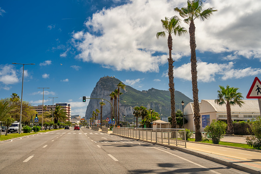 Gibraltar, UK - April 7, 2023: Arriving with the car to Gibraltar border United Kingdom-Spain.